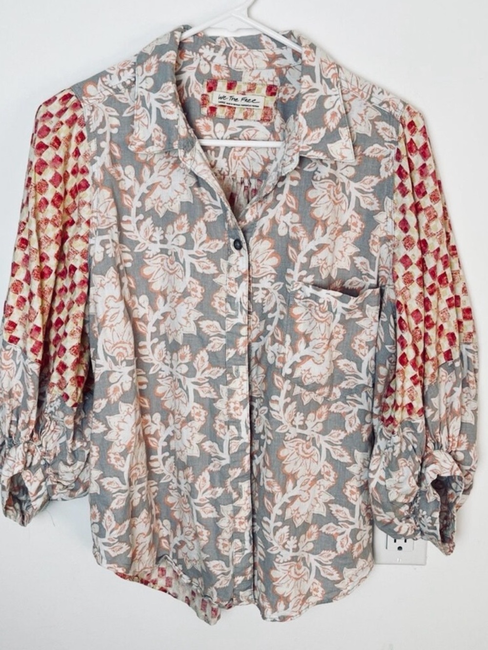 We The Free Floral Button-Up Shirt in Gray and Pink with Patterned Sleeves
